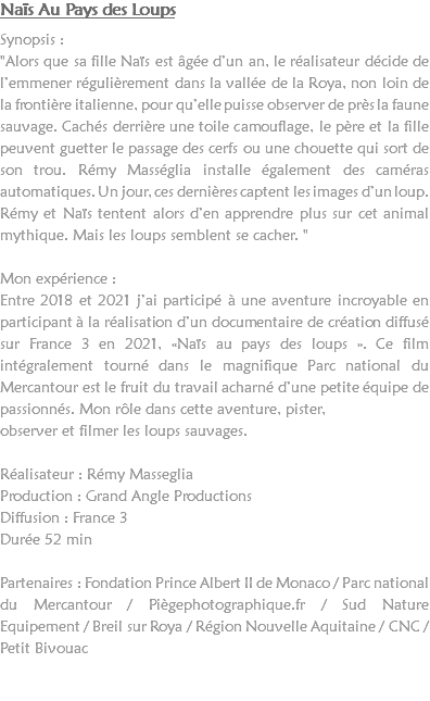 Naïs Au Pays des Loups Synopsis :
"Alors que sa fille Naïs est âgée d’un an, le réalisateur décide de l’emmener régulièrement dans la vallée de la Roya, non loin de la frontière italienne, pour qu’elle puisse observer de près la faune sauvage. Cachés derrière une toile camouflage, le père et la fille peuvent guetter le passage des cerfs ou une chouette qui sort de son trou. Rémy Masséglia installe également des caméras automatiques. Un jour, ces dernières captent les images d’un loup. Rémy et Naïs tentent alors d’en apprendre plus sur cet animal mythique. Mais les loups semblent se cacher. " Mon expérience :
Entre 2018 et 2021 j’ai participé à une aventure incroyable en participant à la réalisation d’un documentaire de création diffusé sur France 3 en 2021, «Naïs au pays des loups ». Ce film intégralement tourné dans le magnifique Parc national du Mercantour est le fruit du travail acharné d’une petite équipe de passionnés. Mon rôle dans cette aventure, pister,
observer et filmer les loups sauvages. Réalisateur : Rémy Masseglia
Production : Grand Angle Productions
Diffusion : France 3
Durée 52 min Partenaires : Fondation Prince Albert II de Monaco / Parc national du Mercantour / Piègephotographique.fr / Sud Nature Equipement / Breil sur Roya / Région Nouvelle Aquitaine / CNC / Petit Bivouac 